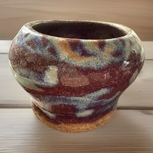Artist Signed Vase/small Jug Bowl Pottery Maroon Brown & Blue White Design 4"